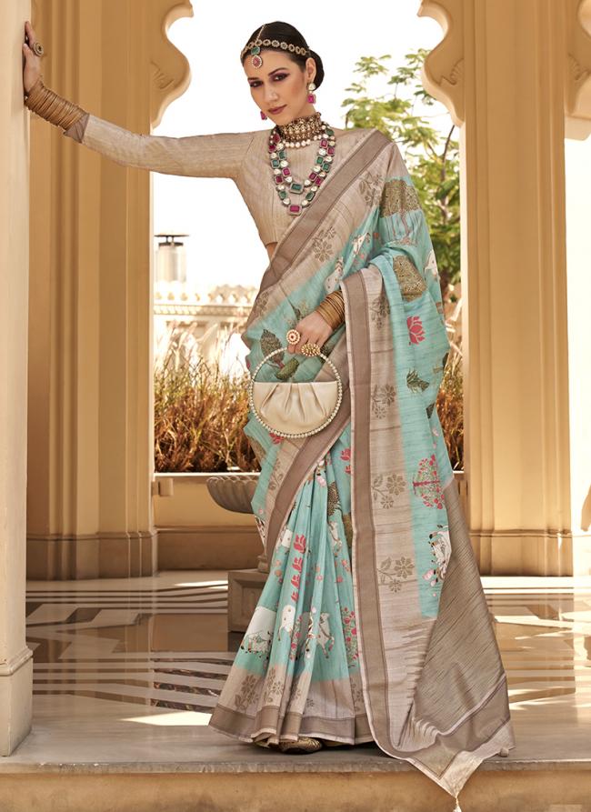 Silk Sky Blue Traditional Wear Printed Saree